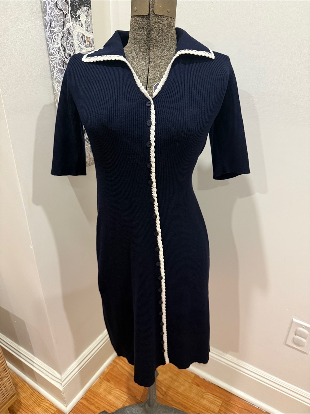 Elie Tahari Navy Midi Knit Dress with Cream Trim